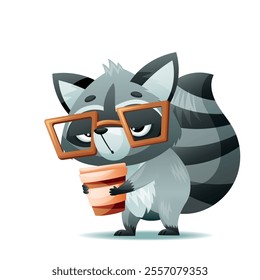 An adorable raccoon happily enjoys sipping coffee, making it an ideal character for charming childrens illustrations