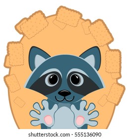 Adorable raccoon on the background of the cookies, isolated on white background.
A young raccoon with paws surrounded by cookies. Vector raccoon.