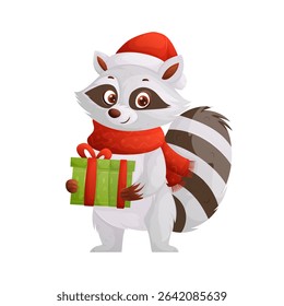 Adorable raccoon with a Santa hat and scarf, holding a green gift box with a red ribbon. Perfect for Christmas or holidaythemed designs and greeting cards.