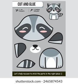 Adorable raccoon vector illustration for kids educational cut and glue paper game