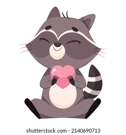 Adorable Racoon Holding Heart Cartoon Vector Illustration. Pretty Grey Mammal Sitting With Closed Eyes And Hugging Pink Heart On White Background. Wildlife Animal, Love Concept