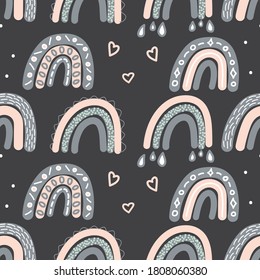 Adorable rainbow clipart seamless pattern in trendy Scandinavian style. Funny, cute, hygge illustration for poster, textile, decoration kids playroom or greeting card. Hand drawn doodle background.