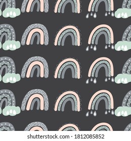 Adorable rainbow clipart seamless pattern in trendy Scandinavian style. Funny, cute, hygge illustration for poster, textile, decoration kids playroom or greeting card. Hand drawn doodle background.