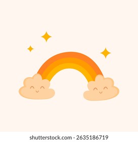 Adorable rainbow with happy clouds and sparkling stars on a soft background. Ideal for children's prints, educational materials, greeting cards, children's clothing and stationery