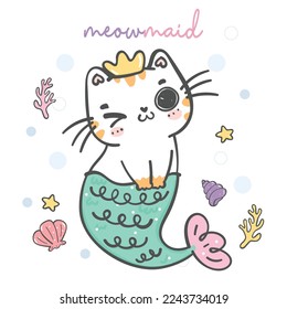 adorable caricatura de gatito de sirena arco iris, vector de dibujo de la mano animal, pequeña sirena, adorable dibujo de línea de mascotas