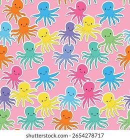 Adorable rainbow octopuses scattered across a cheerful pink background