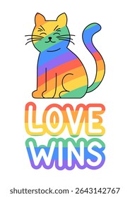 Adorable rainbow-striped cat with a Love Wins slogan a playful and colorful vector illustration celebrating Pride and LGBTQ love. Perfect for stickers, t-shirts, social media, pride month designs, and