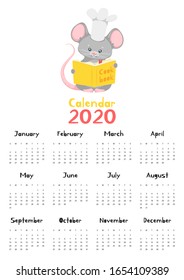 Adorable Rat 2020 Calendar Template. Funny Chef Mouse Reading Cooking Book Isolated On White Background. Kitchen Wall Poster, Calender Page And Cartoon Zodiac Rodent Character. Month Planner Design