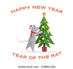 Adorable rat decorating fir tree illustration. Cute mouse preparing for New Year cartoon character isolated on white background. Festive greeting card, poster design idea with 2020 year symbol