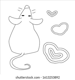 Adorable rat with long tale looking up in love and hearts silhouette Valentine card for color book 14 february holiday white isolated stock vector illustration