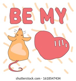Adorable rat with long tale looking up in love and coral heart Be My Valentine card for 14 february holiday white background stock vector illustration