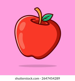 Adorable red apple cartoon illustration with a green leaf on a pink background. Perfect for kids, food icons, stickers, and healthy eating designs.
