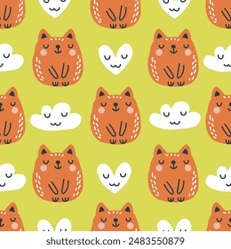 Adorable red cartoon cat and cloud seamless pattern. Charming orange cat and cloud pattern on a light green background. Vector illustration.