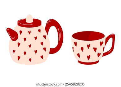 Adorable red and cream teapot and cup decorated with heart in flat style. Perfect for Valentines Day theme, romantic illustration, and cozy kitchen decor concept.