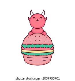 Adorable red devil cartoon with burger. Perfect for Nursery kids, greeting card, baby shower girl, fabric design.