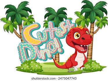 Adorable red dinosaur in a tropical setting
