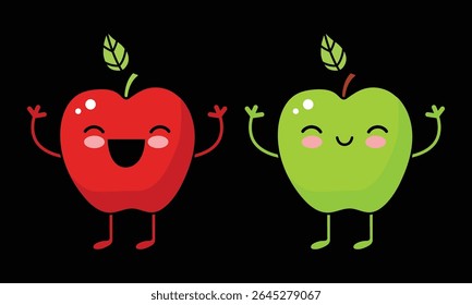 Adorable red and green apple characters joyfully celebrating healthy eating fun cartoon illustration