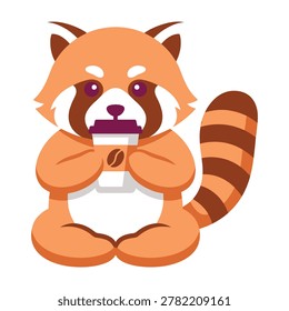 Adorable red panda cartoon character sitting and enjoying a cup of coffee, relaxed mood, fun illustration