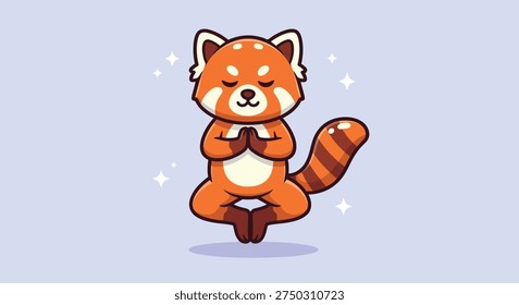 An adorable red panda character is shown meditating peacefully in a lotus position, surrounded by sparkling elements.