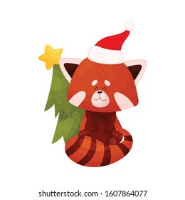 Adorable Red Panda Character Sitting with Fir Tree Behind Vector Illustration