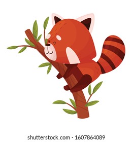 Adorable Red Panda Character Sitting on Tree Branch Vector Illustration