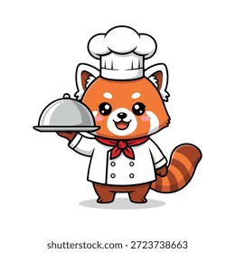 Bezauberndes rotes Panda-Koch-Maskottchen, das einen silbernen Essenscloche und ein Tablett hält. Diese charmante Cartoon-Vektorgrafik zeigt einen fröhlichen kulinarischen Charakter, der bereit ist, köstliche Mahlzeiten zu servieren.