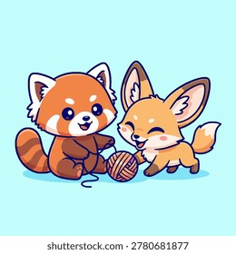 An adorable red panda and a fennec fox are happily playing together with a ball of yarn on a light blue background.