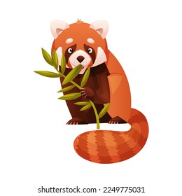 Panda roja adorable sentada con rama verde como pequeño mamífero esponjoso con pieles rojizos densos y vectores de cola anillada Ilustración