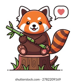 Adorable red panda sitting on a tree stump holding bamboo shoots with a heart speech bubble