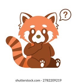 Adorable red panda sitting on ground with puzzled expression and question mark