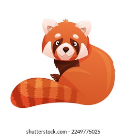 Adorable Red Panda as Small Fluffy Mammal with Dense Reddish-brown Fur and Ringed Tail Sitting Vector Illustration