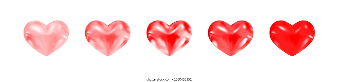 Adorable Red Shiny Glossy Hearts of different saturation. Decor for Holidays, Likes, Messages, Uplifting, Fairy Tales, Games. For Valentines Day, Womens Day, Mother Day, Father Day, Birthday. Vector