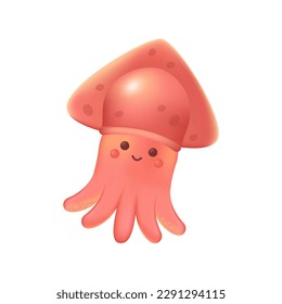 Adorable red squid 3d vector illustration. Cute marine creature swimming and smiling in cartoon style isolated on white background. Animal, nature, ocean concept