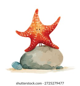 Adorable estrella de mar roja con una cara amigable de pie sobre una roca, perfecto para libros infantiles, diseños de verano y temas de vida marina.