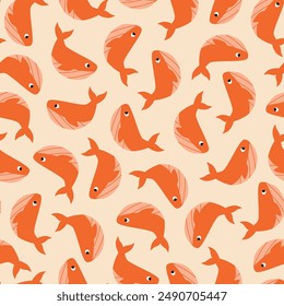 Adorable red whales hand drawn vector illustration. Funny fish seamless pattern for kids fabric or wallpaper.