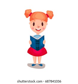 Adorable redhead girl standing and reading a book, education and knowledge concept, colorful character vector Illustration