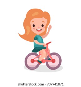 Adorable redhead little girl riding bike cartoon vector Illustration