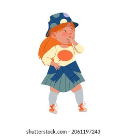 Adorable redhead little girl wearing stylish clothes. Cute kid in fashionable outfit cartoon vector illustration