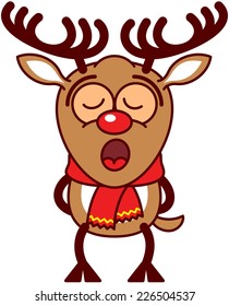 Adorable reindeer with big antlers, red nose and wearing a red scarf while standing straight, putting its arms behind its body and singing totally concentrated, inspired by the sweetness of Christmas
