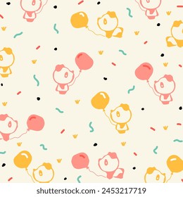 Adorable repeating pattern featuring baby panda bears holding balloons in orange and pink hues. Perfect for children's birthday themes, this playful design adds a cheerful touch to any project.