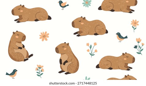 Adorable patrón repetitivo que muestra capibaras en varias poses relajadas acompañadas de pájaros Pequeños y flores delicadas.
