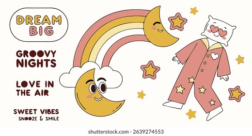 Adorable retro illustration featuring a smiling moon rainbow and a dreamy pillow character with a positive message