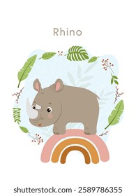 Adorable rhinoceros stands on a bright rainbow. Flat style vector illustration for birthday invitation, cards and stickers.