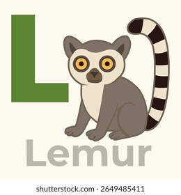 Adorável desenho animado de lêmure-de-cauda-anelada com a letra L em um design de aprendizagem amigável. Ótimo para flashcards educacionais, livros infantis e ferramentas visuais pré-escolares.

