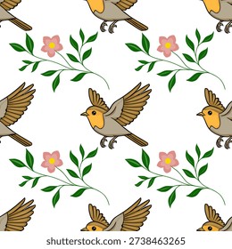Adorable robin bird and delicate pink flowers seamless pattern vector illustration