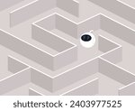 The adorable robot seems lost among labyrinth walls, wandering without a clear path