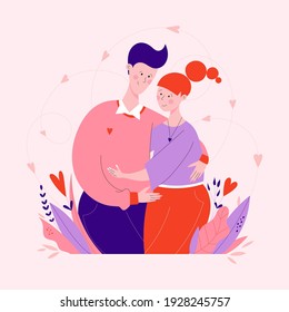 Adorable romantic couple cuddling. Man and woman hugging and looking at each other with love. Happy young lovers. Valentine day concept vector flat characters illustration. Guy hugs girl. Hugging Day