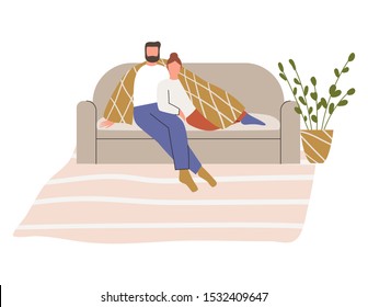 Adorable romantic couple hugging on sofa under the plaid. Man and woman cuddling on sofa. Flat vector illustration