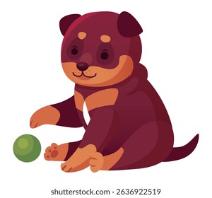 Adorable rottweiler puppy sitting and gently touching a small green ball, radiating joy during playtime with a cheerful expression, embodying the essence of youthful innocence and fun