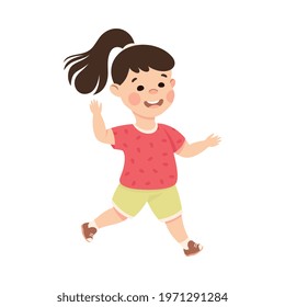 Adorable Running Brunette Girl, Happy Preschool Kid Having Fun on Isolated White Background Vector Illustration